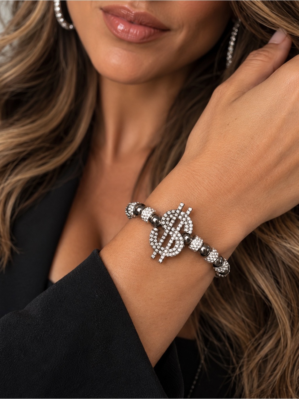 Crystal Dollar Sign Stretch Bracelet - Silver Tone